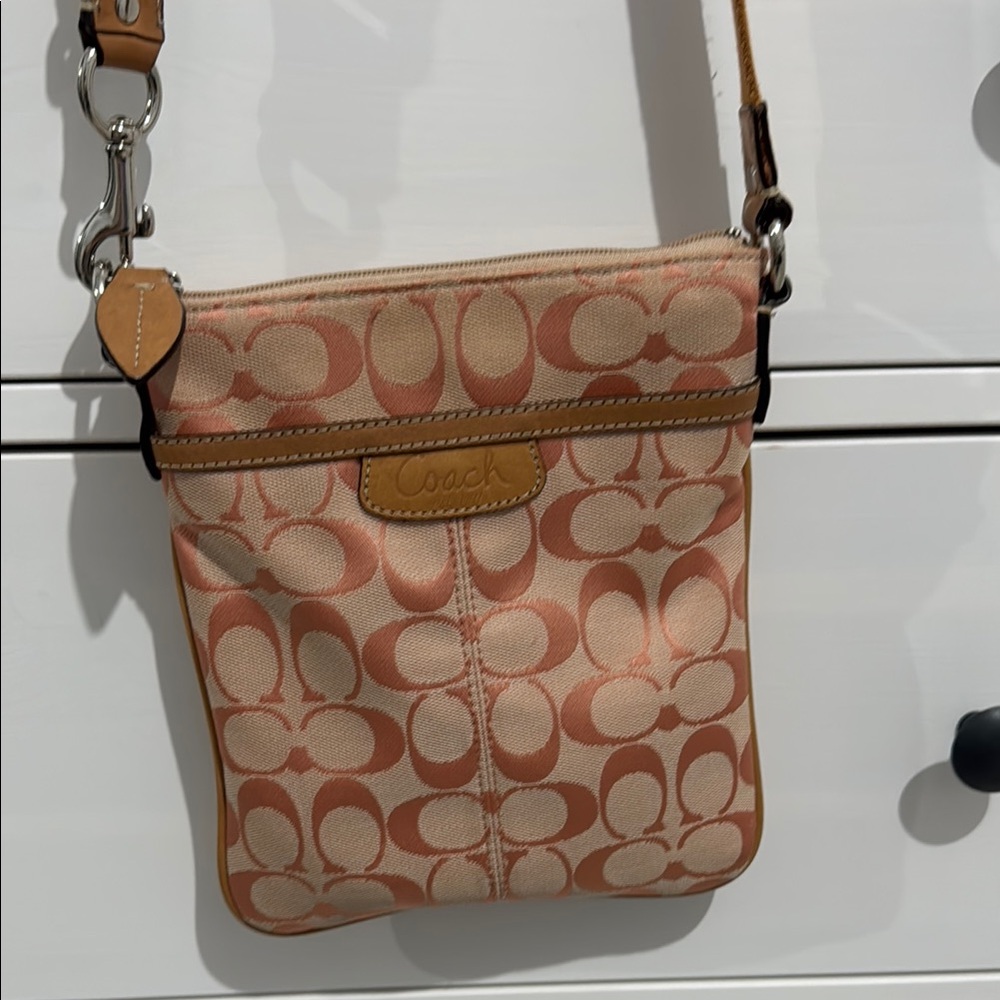 Coach Tan and Brown Crossbody Bag with Signature Monogram